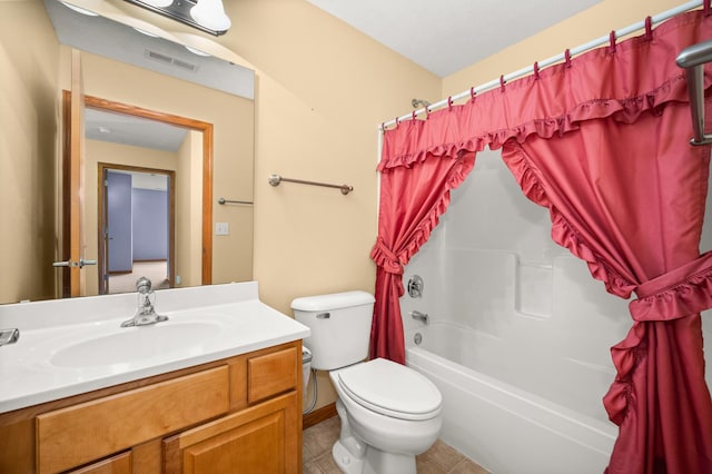 bathroom with toilet, vanity, shower / bathtub combination with curtain, and tile patterned floors