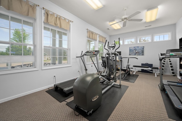 exercise area with a ceiling fan, carpet flooring, healthy amount of natural light, and baseboards