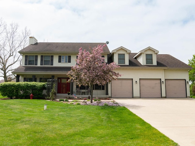 14445 W Walden Ln, Wadsworth, IL 60083 - view of front of home with a porch, a front lawn, driveway, a chimney, and an attached garage