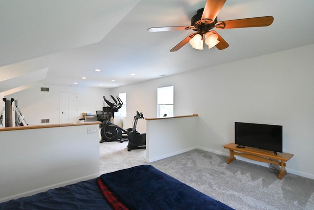 14445 W Walden Ln, Wadsworth, IL 60083 - workout room featuring light carpet, ceiling fan, baseboards, and recessed lighting