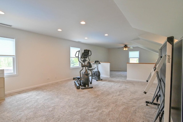 14445 W Walden Ln, Wadsworth, IL 60083 - workout room featuring healthy amount of natural light, light colored carpet, a ceiling fan, recessed lighting, and lofted ceiling