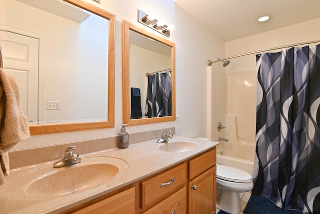 14445 W Walden Ln, Wadsworth, IL 60083 - full bathroom with double vanity, tile patterned flooring, shower / bathtub combination with curtain, toilet, and recessed lighting