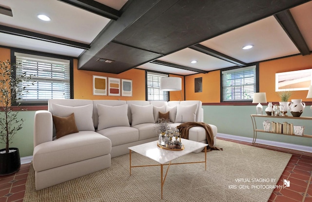 2810 Brentwood Ln, Mchenry, IL 60050 - living room with baseboards, beamed ceiling, recessed lighting, and plenty of natural light