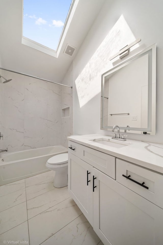 1150 Jerald Dr, Joliet, IL 60431 - full bath with marble finish floors, vanity, toilet, shower / bathtub combination, and a skylight