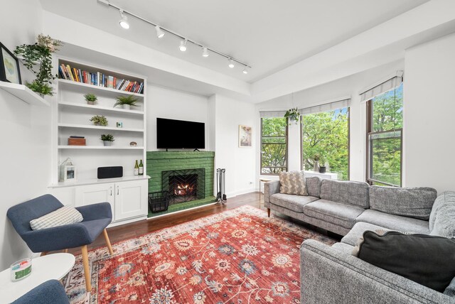 living area featuring rail lighting, wood finished floors, a fireplace, built in shelves, and baseboards