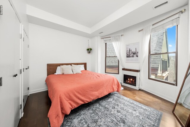 bedroom featuring wood finished floors, multiple windows, and baseboards