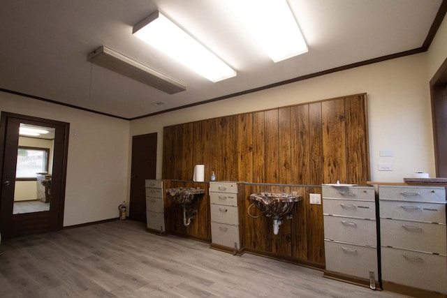 miscellaneous room featuring crown molding and light wood-style flooring