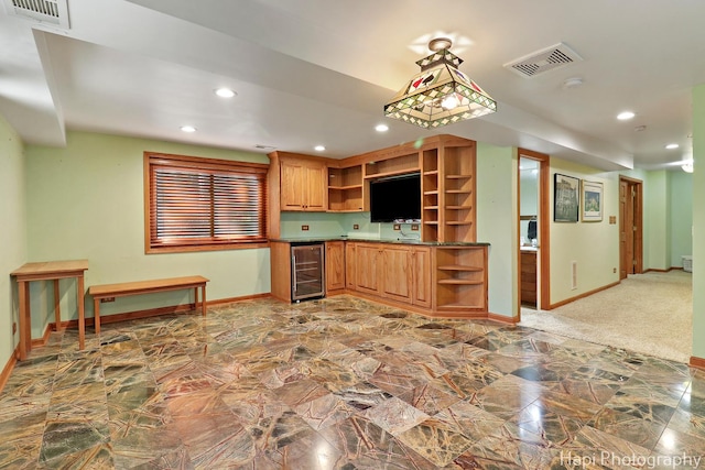22665 W Depot St, Antioch, IL 60002 - kitchen featuring open shelves, wine cooler, baseboards, and recessed lighting