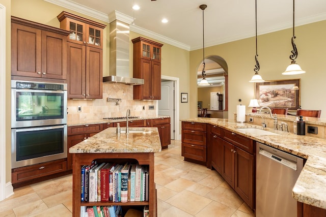 5344 River Run Parkway, Belvidere, IL 61008 - kitchen featuring stainless steel appliances, a sink, wall chimney range hood, ornamental molding, and decorative backsplash