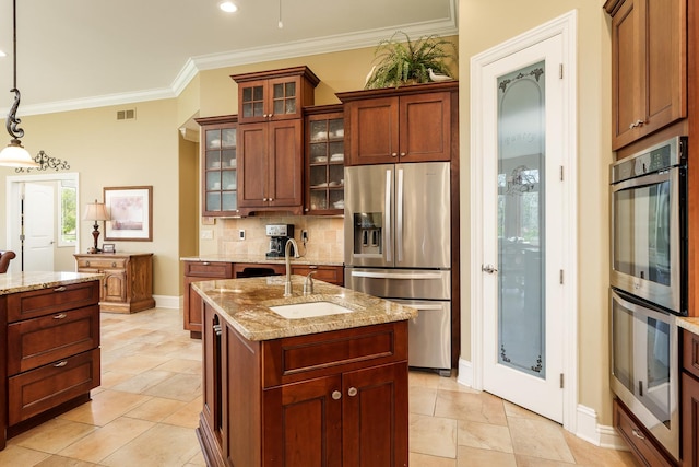 5344 River Run Parkway, Belvidere, IL 61008 - kitchen featuring stainless steel appliances, a sink, crown molding, backsplash, and baseboards