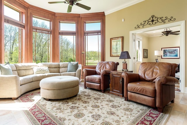 5344 River Run Parkway, Belvidere, IL 61008 - living area featuring ceiling fan, healthy amount of natural light, crown molding, and stone tile flooring
