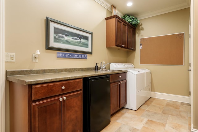 5344 River Run Parkway, Belvidere, IL 61008 - clothes washing area with cabinet space, separate washer and dryer, ornamental molding, stone finish floors, and baseboards