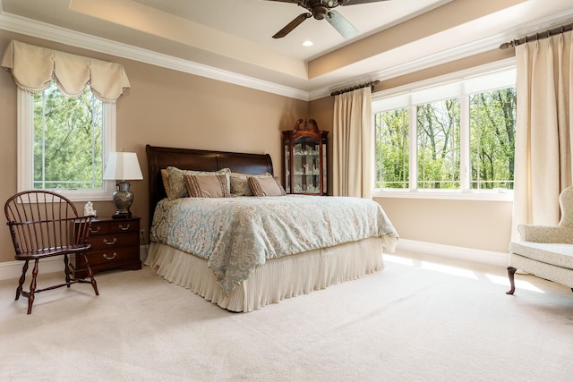 5344 River Run Parkway, Belvidere, IL 61008 - bedroom featuring a tray ceiling, baseboards, carpet, ornamental molding, and ceiling fan