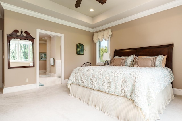 5344 River Run Parkway, Belvidere, IL 61008 - carpeted bedroom featuring multiple windows, ornamental molding, baseboards, connected bathroom, and a tray ceiling