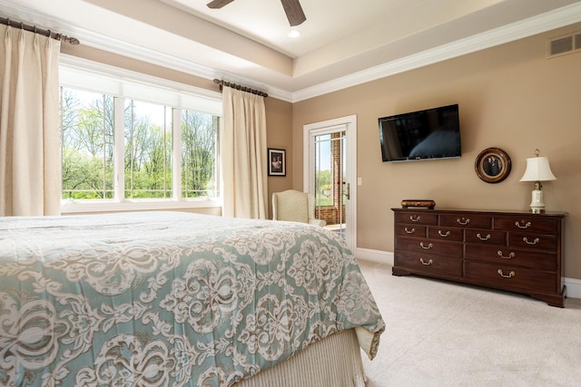 5344 River Run Parkway, Belvidere, IL 61008 - bedroom featuring light carpet, access to outside, baseboards, a raised ceiling, and ceiling fan