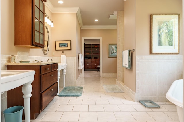 5344 River Run Parkway, Belvidere, IL 61008 - full bath featuring tile walls, ornamental molding, a stall shower, tile patterned flooring, and wainscoting