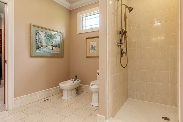 5344 River Run Parkway, Belvidere, IL 61008 - bathroom with a stall shower, ornamental molding, a bidet, toilet, and tile patterned flooring