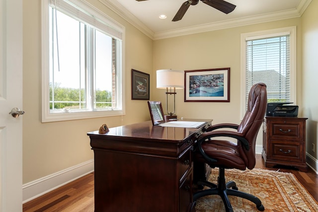5344 River Run Parkway, Belvidere, IL 61008 - office space featuring baseboards, wood finished floors, ornamental molding, a ceiling fan, and recessed lighting