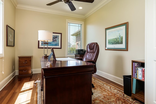 5344 River Run Parkway, Belvidere, IL 61008 - office with dark wood-type flooring, ornamental molding, a ceiling fan, baseboards, and recessed lighting