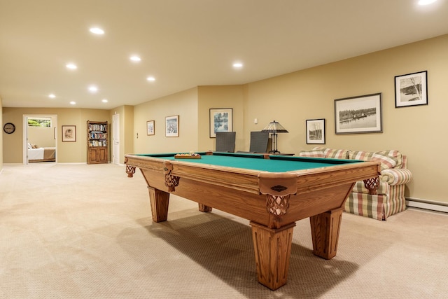 5344 River Run Parkway, Belvidere, IL 61008 - rec room with light carpet, recessed lighting, billiards table, baseboards, and baseboard heating
