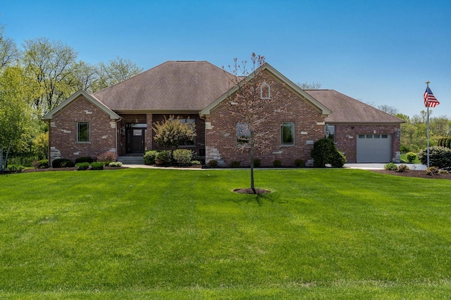 5344 River Run Parkway, Belvidere, IL 61008 - view of front of house with brick siding, a front lawn, a garage, and roof with shingles