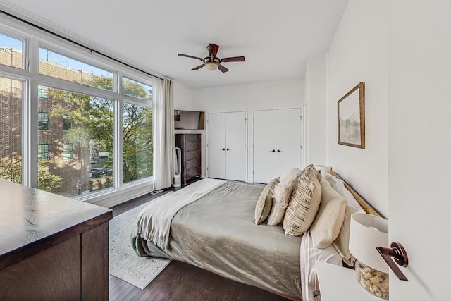 3152 N Clifton Ave, Chicago, IL 60657 - bedroom featuring two closets, dark wood-style flooring, and ceiling fan