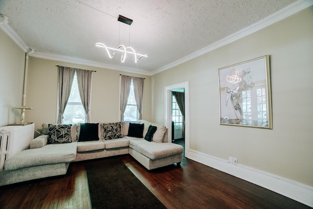 407 E Mulberry St, Watseka, IL 60970 - living room with a chandelier, wood finished floors, a textured ceiling, crown molding, and baseboards