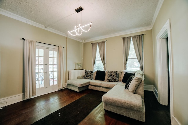 407 E Mulberry St, Watseka, IL 60970 - living room with a textured ceiling, dark wood-style flooring, french doors, ornamental molding, and a chandelier