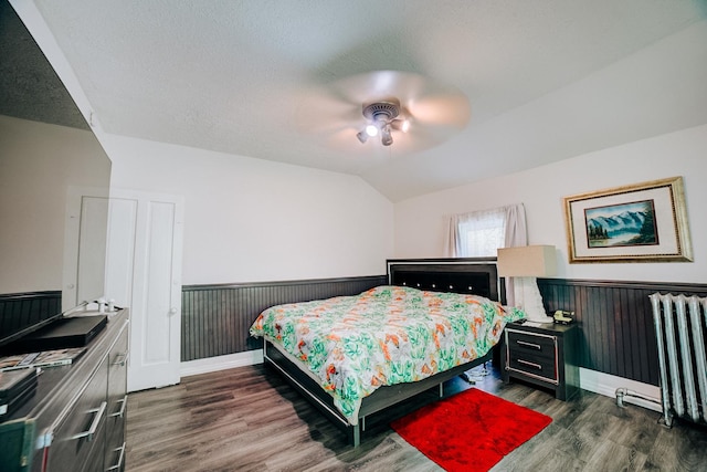 407 E Mulberry St, Watseka, IL 60970 - bedroom with wainscoting, dark wood-style flooring, lofted ceiling, and a ceiling fan