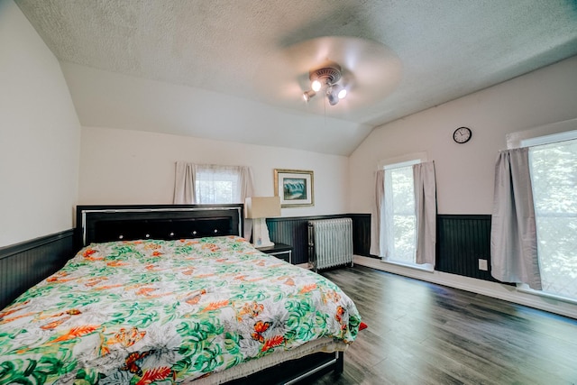 407 E Mulberry St, Watseka, IL 60970 - bedroom with radiator heating unit, lofted ceiling, a textured ceiling, wood finished floors, and a ceiling fan