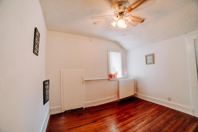 407 E Mulberry St, Watseka, IL 60970 - unfurnished room with radiator heating unit, a ceiling fan, dark wood finished floors, a textured ceiling, and lofted ceiling