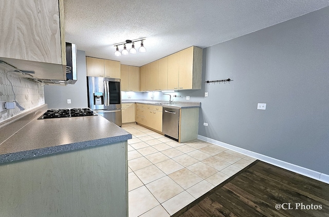1580 Sherman Ave Unit 1005, Evanston, IL 60201 - kitchen featuring stainless steel appliances, rail lighting, light brown cabinetry, baseboards, and a textured ceiling