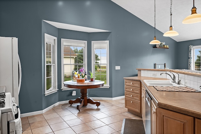 421 Sunset Dr, Colfax, IL 61728 - kitchen featuring white appliances, a sink, hanging light fixtures, baseboards, and light tile patterned floors