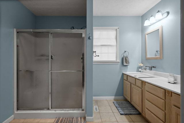 421 Sunset Dr, Colfax, IL 61728 - full bathroom with a stall shower, vanity, baseboards, and tile patterned flooring