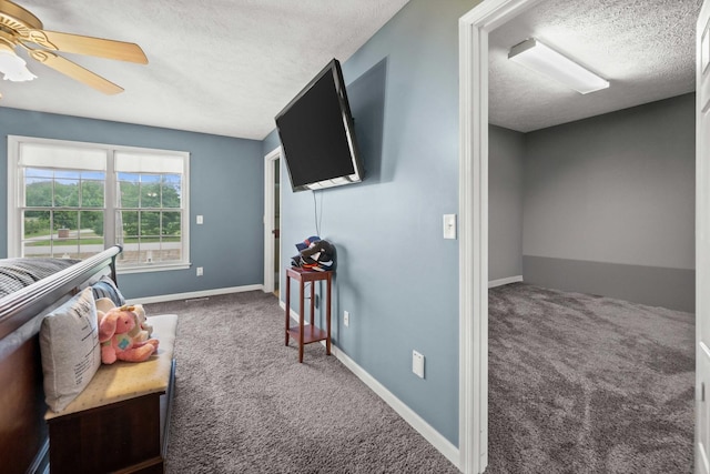 421 Sunset Dr, Colfax, IL 61728 - bedroom with carpet floors, a textured ceiling, a ceiling fan, and baseboards