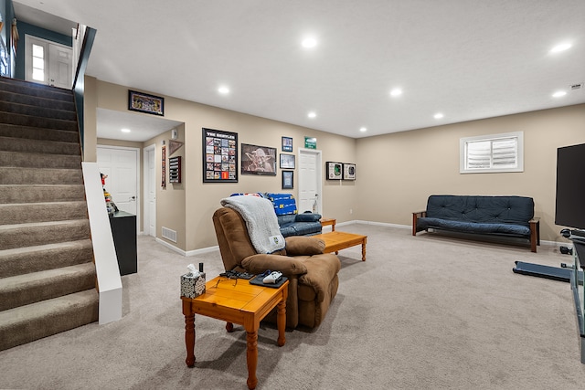 421 Sunset Dr, Colfax, IL 61728 - living area featuring carpet floors, recessed lighting, baseboards, and stairs