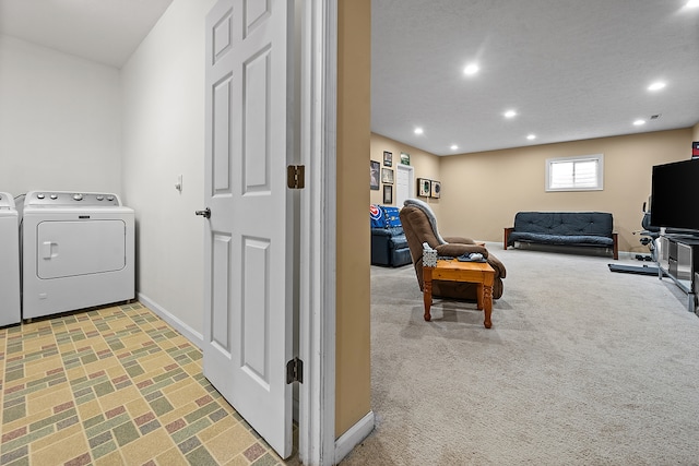 421 Sunset Dr, Colfax, IL 61728 - laundry area featuring baseboards, recessed lighting, separate washer and dryer, and carpet floors