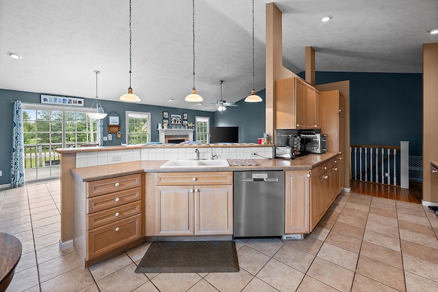 421 Sunset Dr, Colfax, IL 61728 - kitchen featuring dishwasher, a sink, light brown cabinetry, a ceiling fan, and recessed lighting