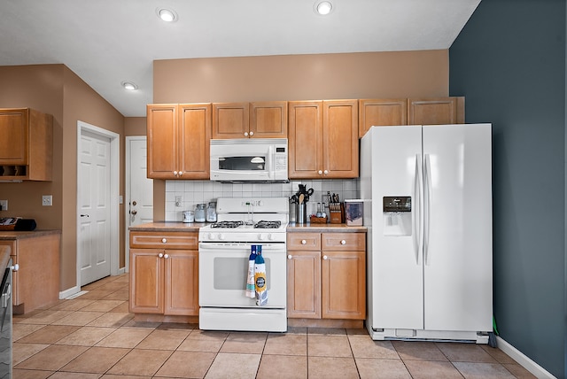 421 Sunset Dr, Colfax, IL 61728 - kitchen featuring white appliances, light countertops, light tile patterned flooring, backsplash, and recessed lighting