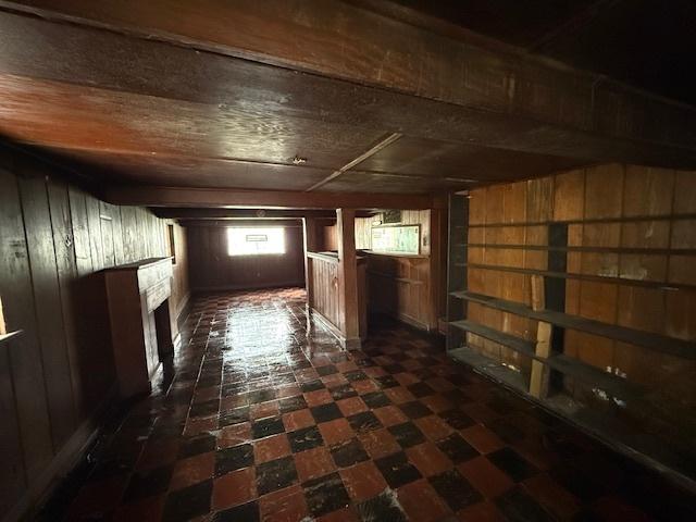 2843 N New England Ave, Chicago, IL 60634 - below grade area with wood walls, dark flooring, and a fireplace