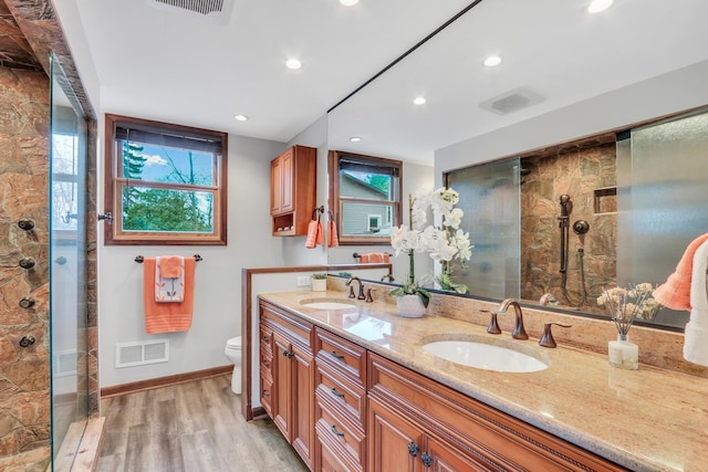 2407 N Villa Ln, Mchenry, IL 60051 - full bathroom featuring wood finished floors, toilet, a tile shower, recessed lighting, and double vanity