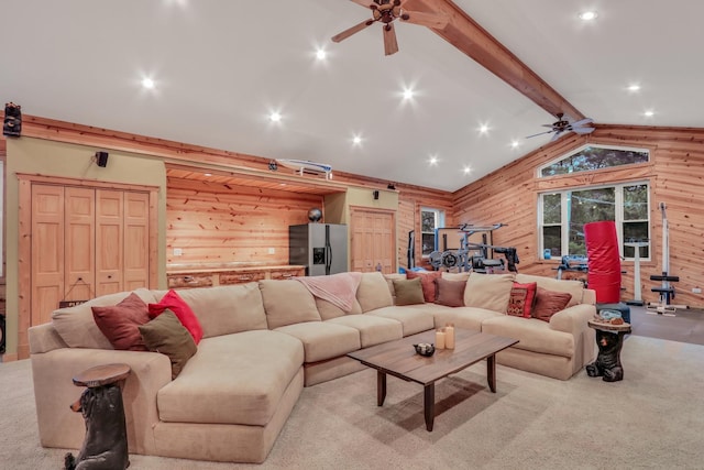 2407 N Villa Ln, Mchenry, IL 60051 - living room with ceiling fan, wood walls, carpet floors, and recessed lighting