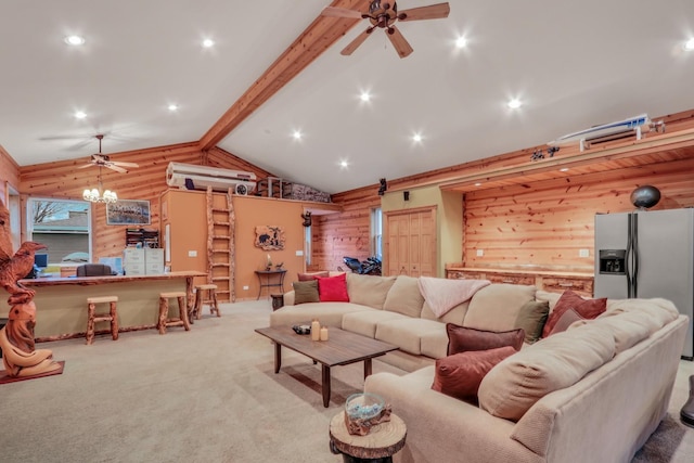 2407 N Villa Ln, Mchenry, IL 60051 - living room featuring wood walls, a ceiling fan, and carpet floors