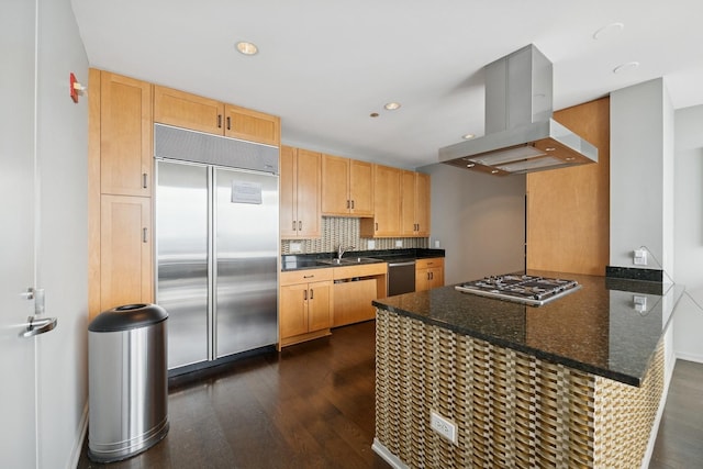 60 E Monroe St Unit 3007, Chicago, IL 60603 - kitchen with appliances with stainless steel finishes, island range hood, a peninsula, dark wood-style flooring, and a sink