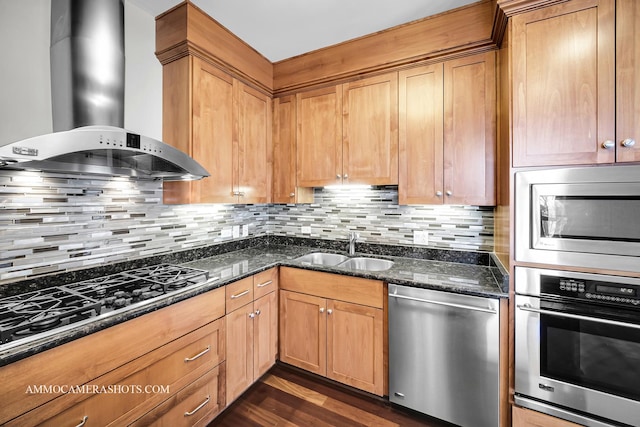 520 S Washington St Unit 201, Naperville, IL 60540 - kitchen with stainless steel appliances, wall chimney exhaust hood, a sink, dark stone counters, and tasteful backsplash