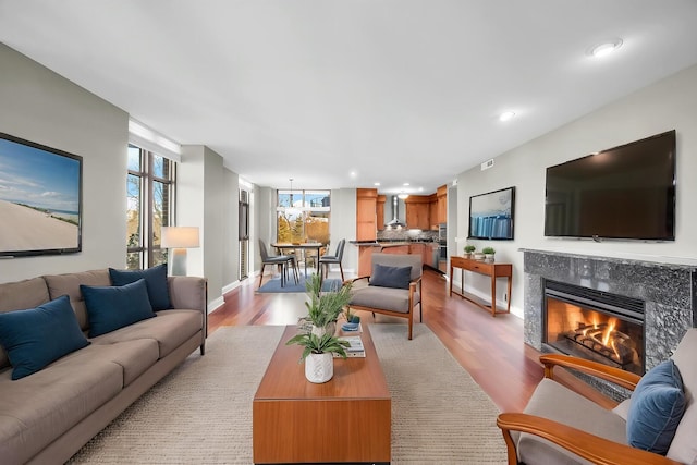 520 S Washington St Unit 201, Naperville, IL 60540 - living area featuring light wood-style flooring, a fireplace, recessed lighting, and baseboards