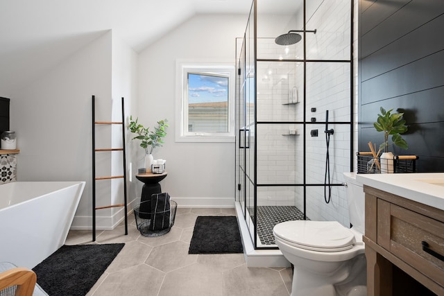 7929 N Octavia Ave, Niles, IL 60714 - bathroom featuring a shower stall, toilet, a freestanding bath, tile patterned floors, and vanity