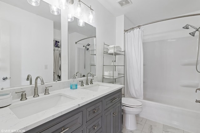 148 Azalea Cir Unit 0, Romeoville, IL 60446 - full bathroom with marble look tiles, shower / bathtub combination with curtain, toilet, and double vanity