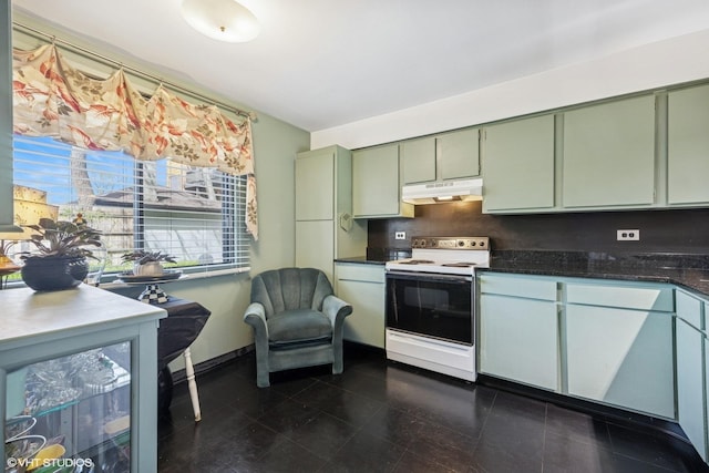 kitchen with white range with electric stovetop, under cabinet range hood, and green cabinets