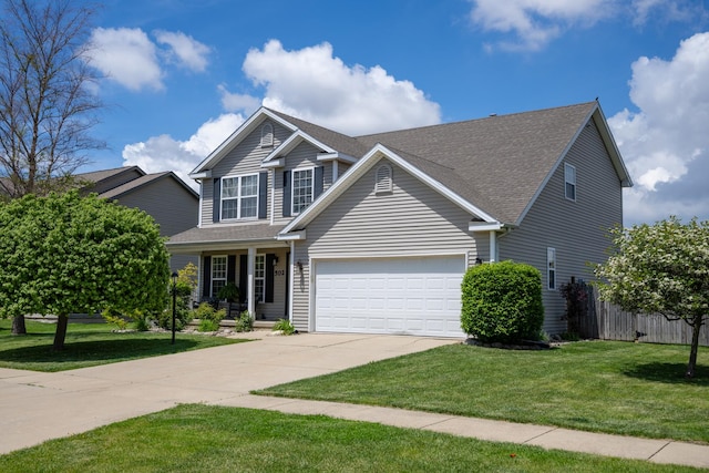 502 Deerpath St, Tolono, IL 61880 - traditional-style house with a garage, concrete driveway, roof with shingles, and covered porch